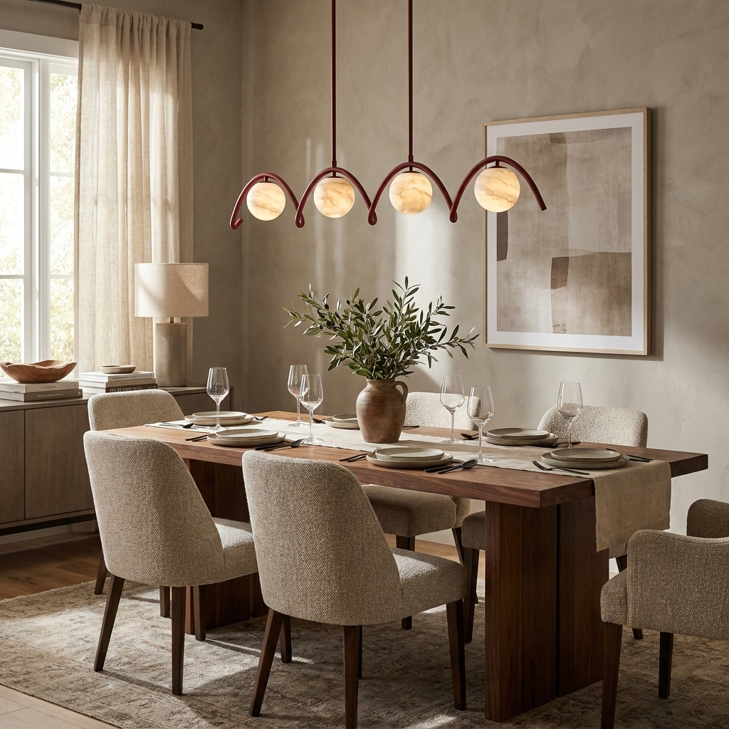 Over a wood table set with wine glasses and boucle chairs, this Clérachic chandelier arches in matte red.