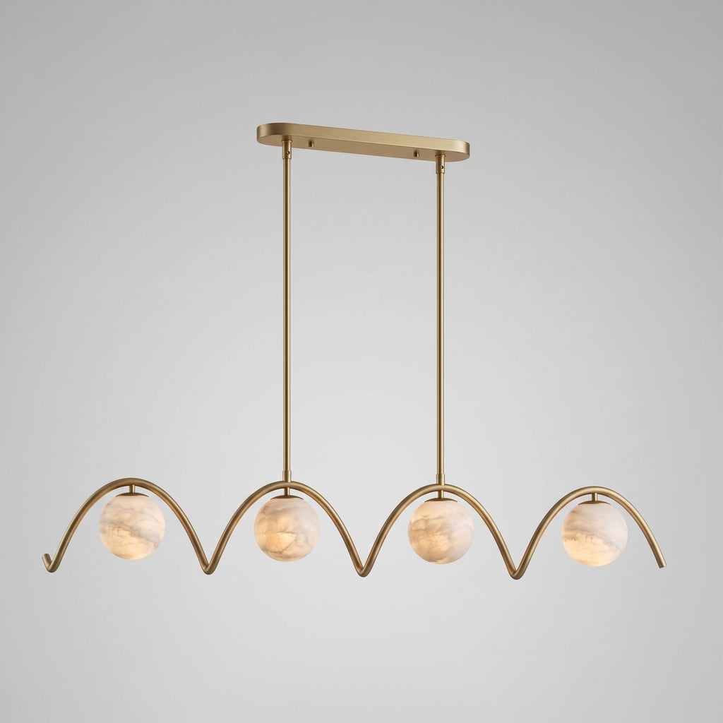 On a plain grey backdrop, this Clérachic chandelier's straight rods and wave-tube arms appear in brushed brass.