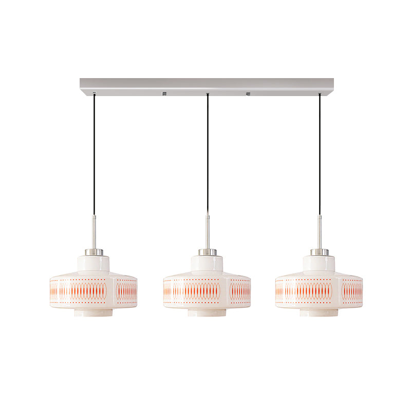 Mid-Century Glass Globe Pendant Light, White Geometric Pattern, 1-3 Heads