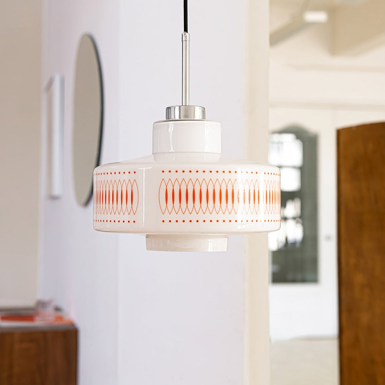 Mid-Century Glass Globe Pendant Light, White Geometric Pattern, 1-3 Heads