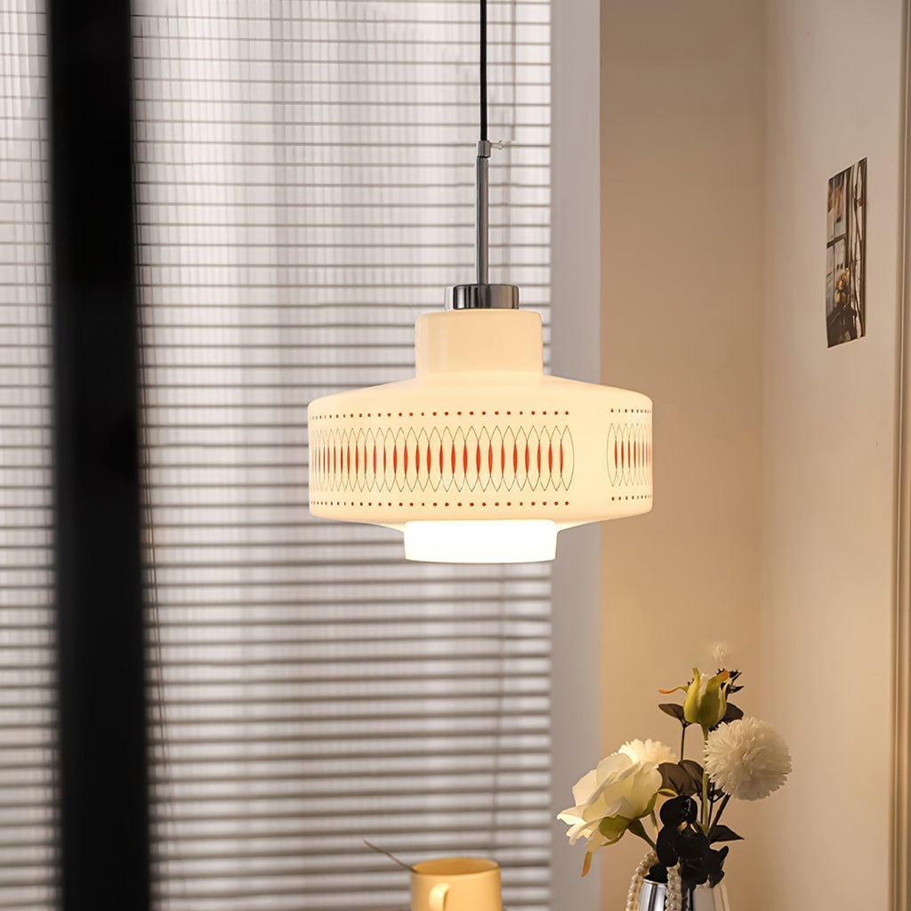 Mid-Century Glass Globe Pendant Light, White Geometric Pattern, 1-3 Heads
