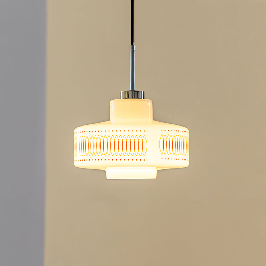Mid-Century Glass Globe Pendant Light, White Geometric Pattern, 1-3 Heads