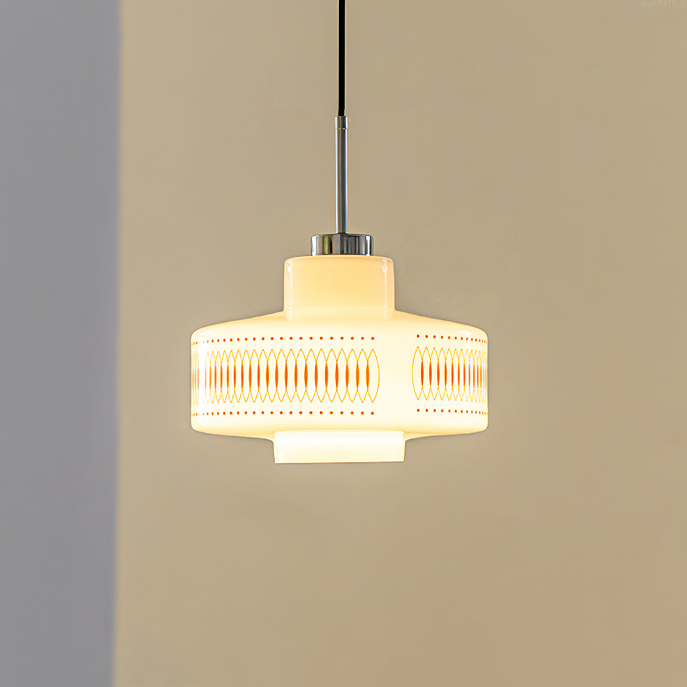 Mid-Century Glass Globe Pendant Light, White Geometric Pattern, 1-3 Heads