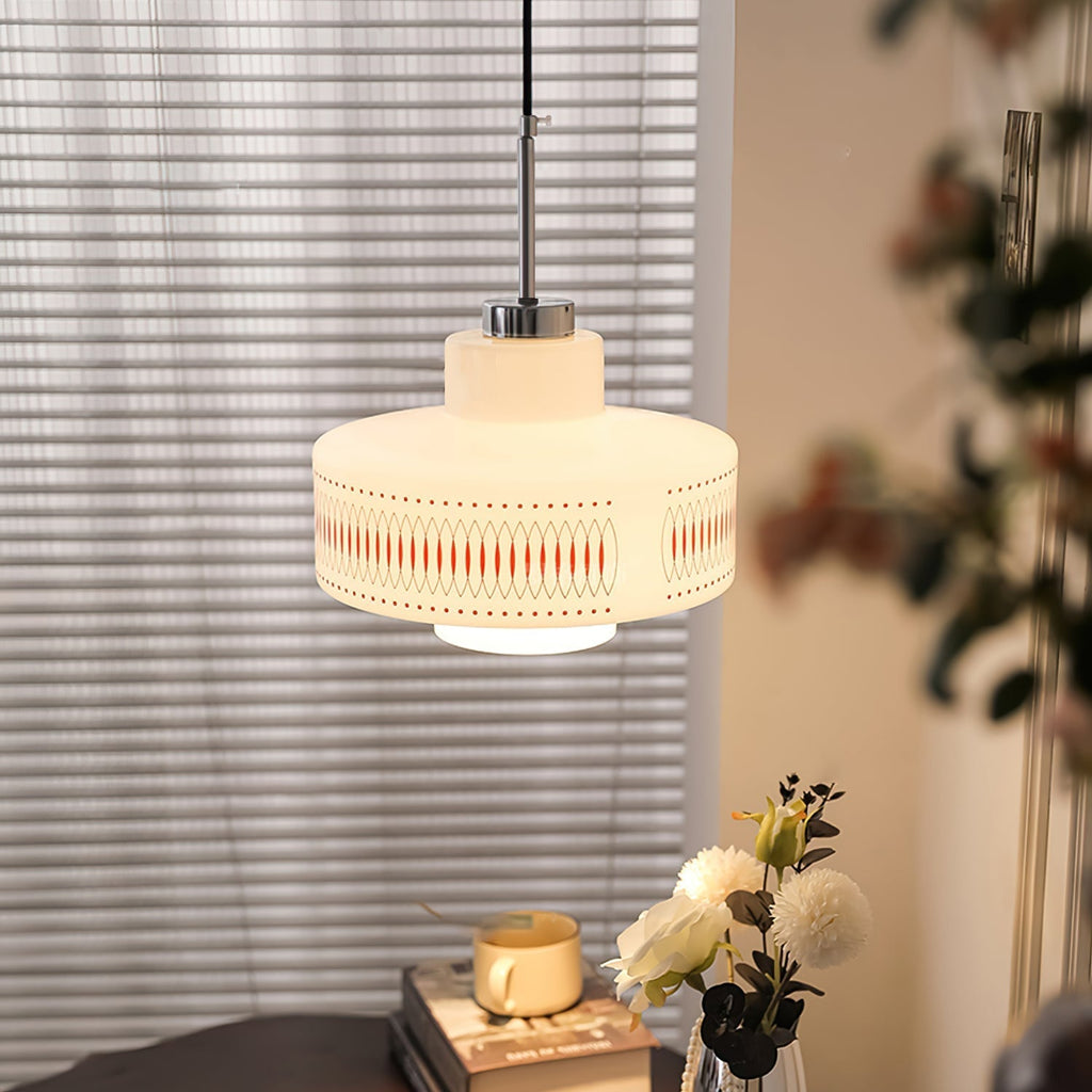 Mid-Century Glass Globe Pendant Light, White Geometric Pattern, 1-3 Heads