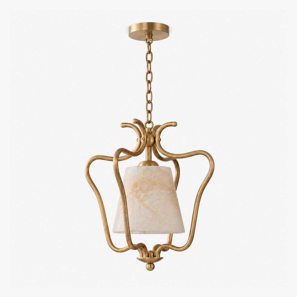 Seen from a lower angle on a plain background, this Clérachic pendant's brass arms curl around a tapered alabaster panel shade.