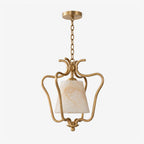 Seen from a lower angle on a plain background, this Clérachic pendant's brass arms curl around a tapered alabaster panel shade.