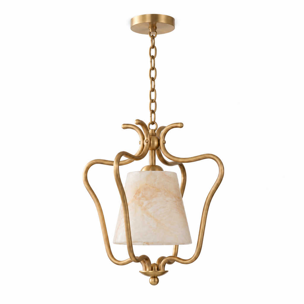Photographed on white, the brass finish of this Clérachic pendant scrolls into an open cage around its alabaster shade.
