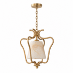 Photographed on white, the brass finish of this Clérachic pendant scrolls into an open cage around its alabaster shade.