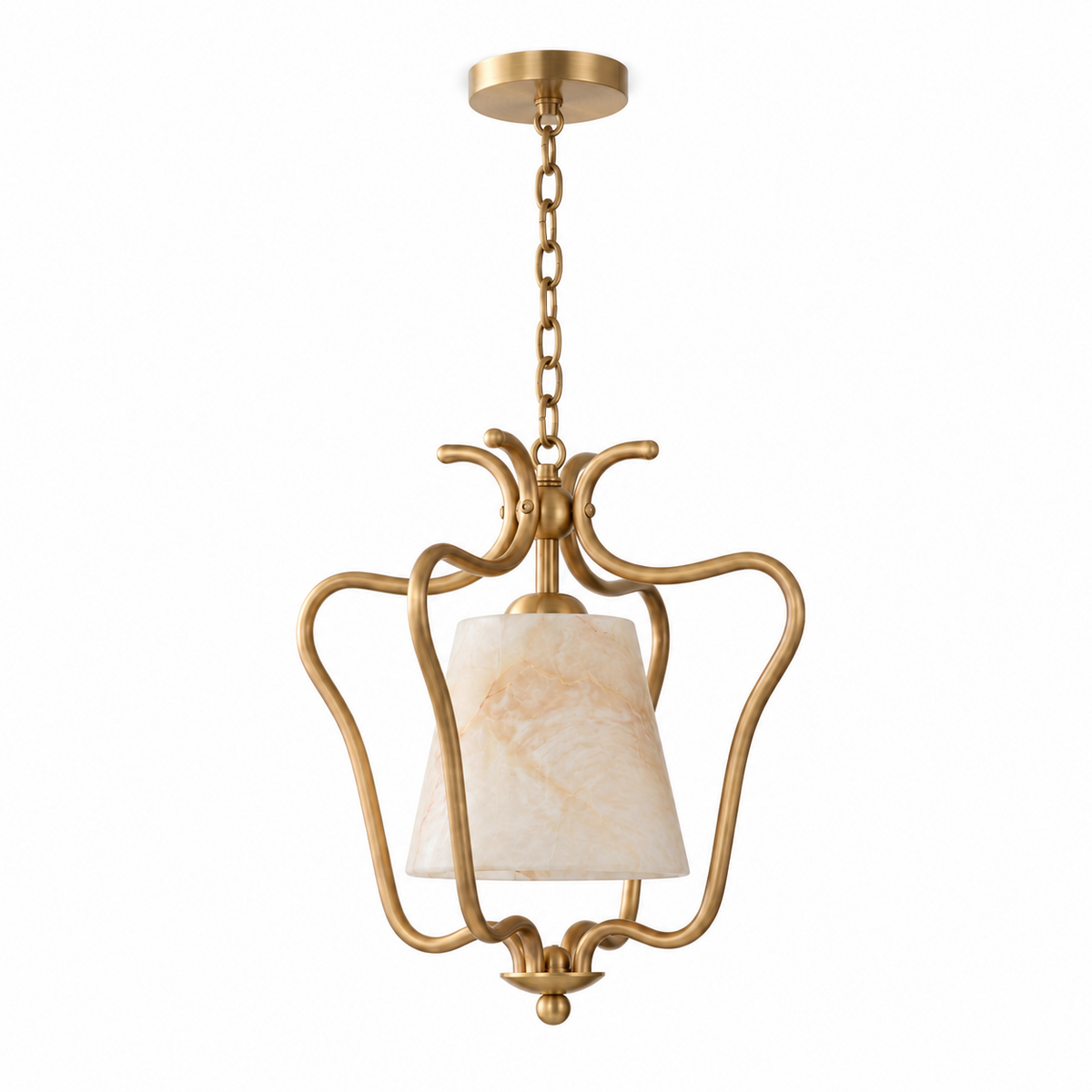 Photographed on white, the brass finish of this Clérachic pendant scrolls into an open cage around its alabaster shade.