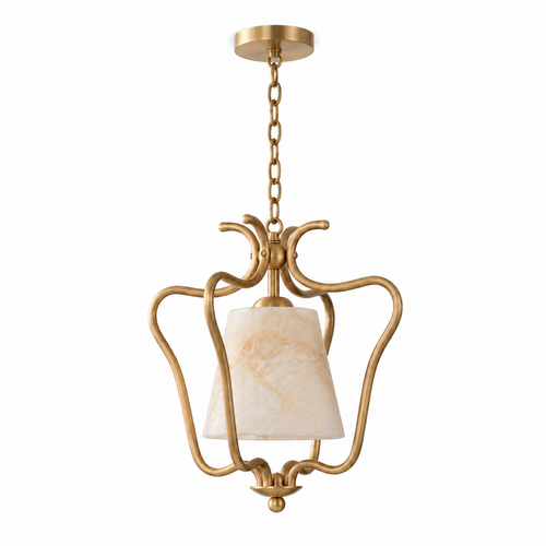 Photographed on white, the brass finish of this Clérachic pendant scrolls into an open cage around its alabaster shade.