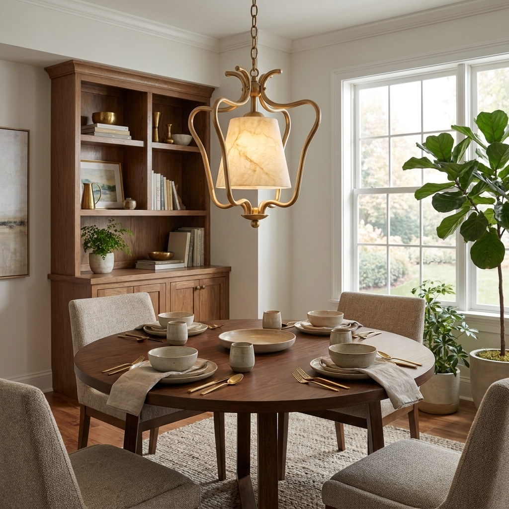 Above a round dining table near a wood bookshelf, this Clérachic pendant's brass scrolled cage frames a glowing alabaster shade.