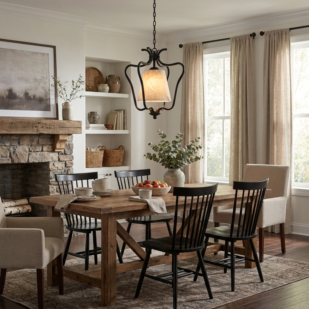 Beside a stone fireplace and built-in shelving, this Clérachic pendant's black finish hangs above a table set with black chairs.