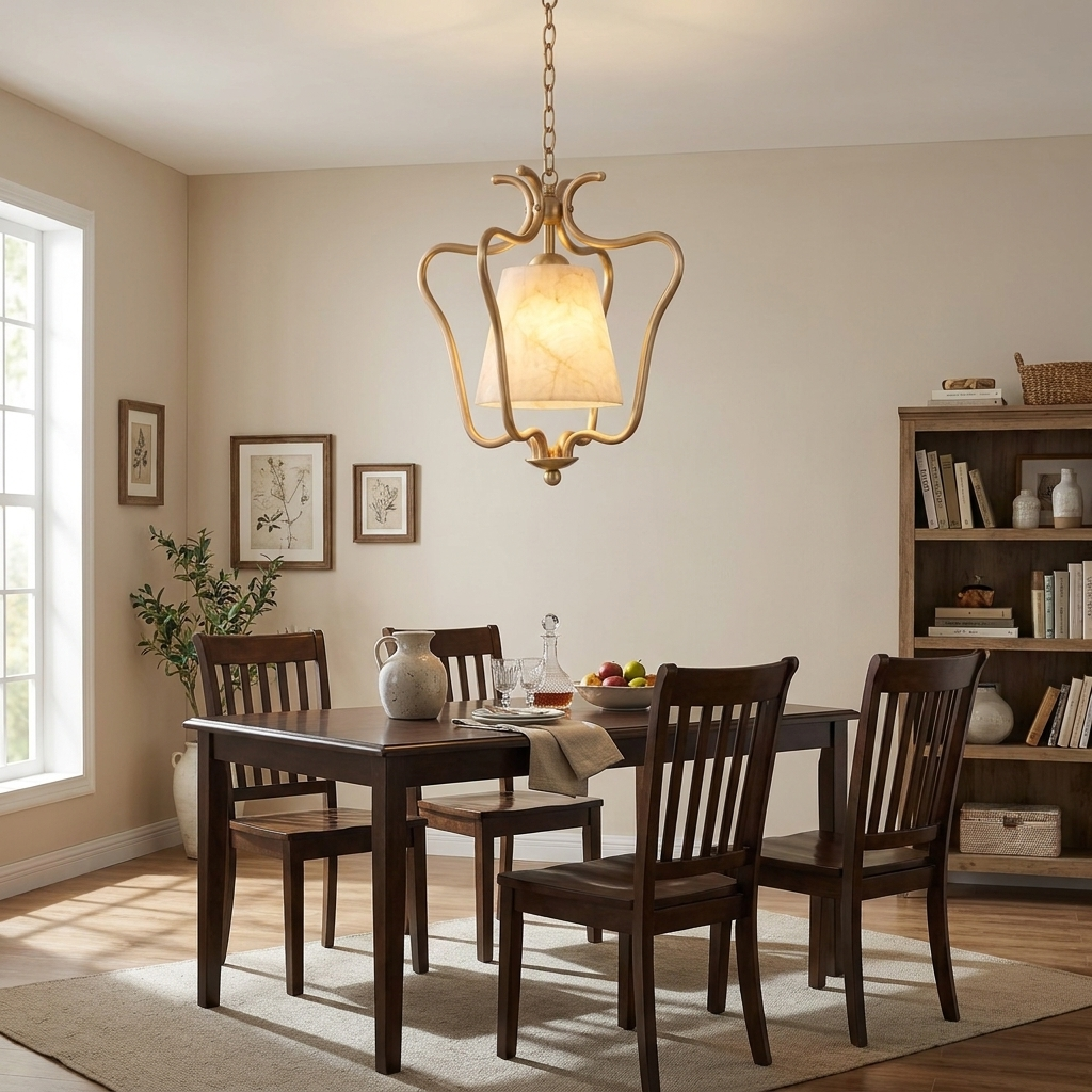Over a dark wood dining table beside a bookshelf, the brass-finish pendant from Clérachic glows above a full table setting.