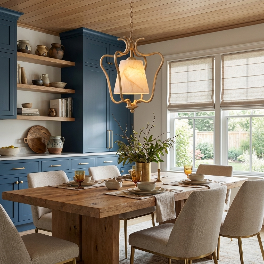 In a kitchen with navy cabinetry, this Clérachic pendant's brass finish hangs above a wood dining table.