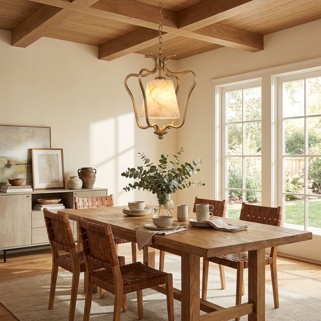 Beneath exposed wood ceiling beams, this Clérachic pendant's brass finish hangs above a table with woven-leather chairs.