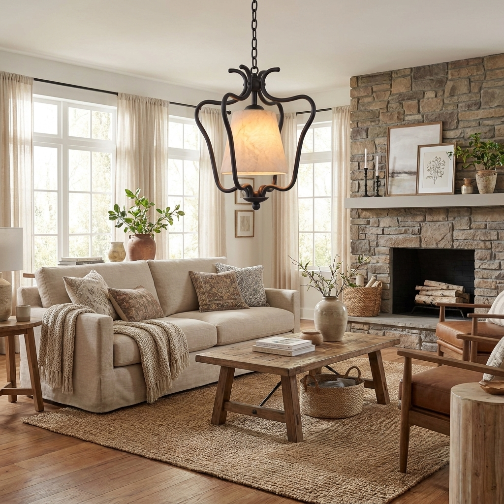 Beside a stone fireplace in a living room with a beige sofa, this Clérachic pendant's black finish glows warmly overhead.
