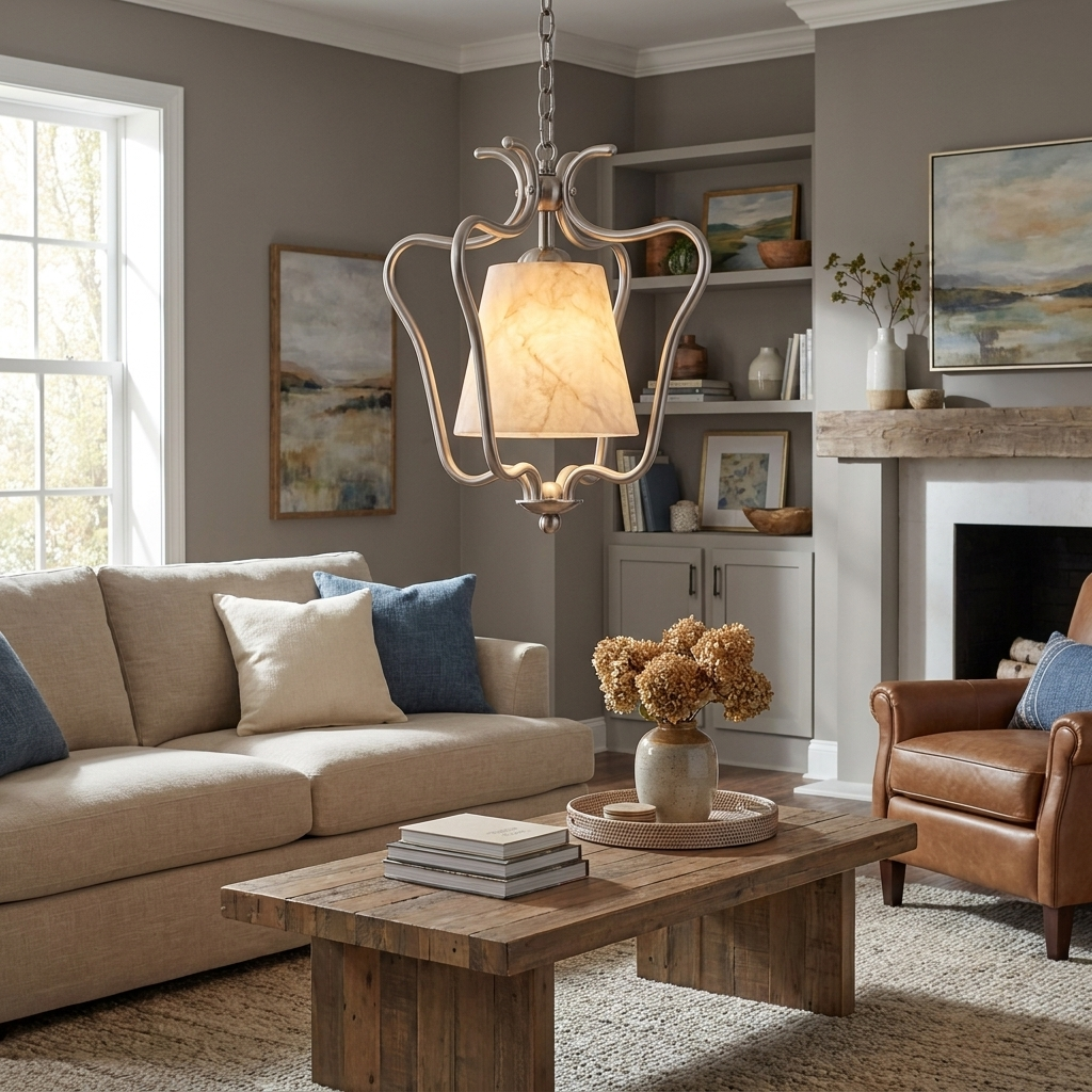 Above a coffee table in a living room with a stone fireplace and beige sofa, this Clérachic pendant's nickel finish glows softly.