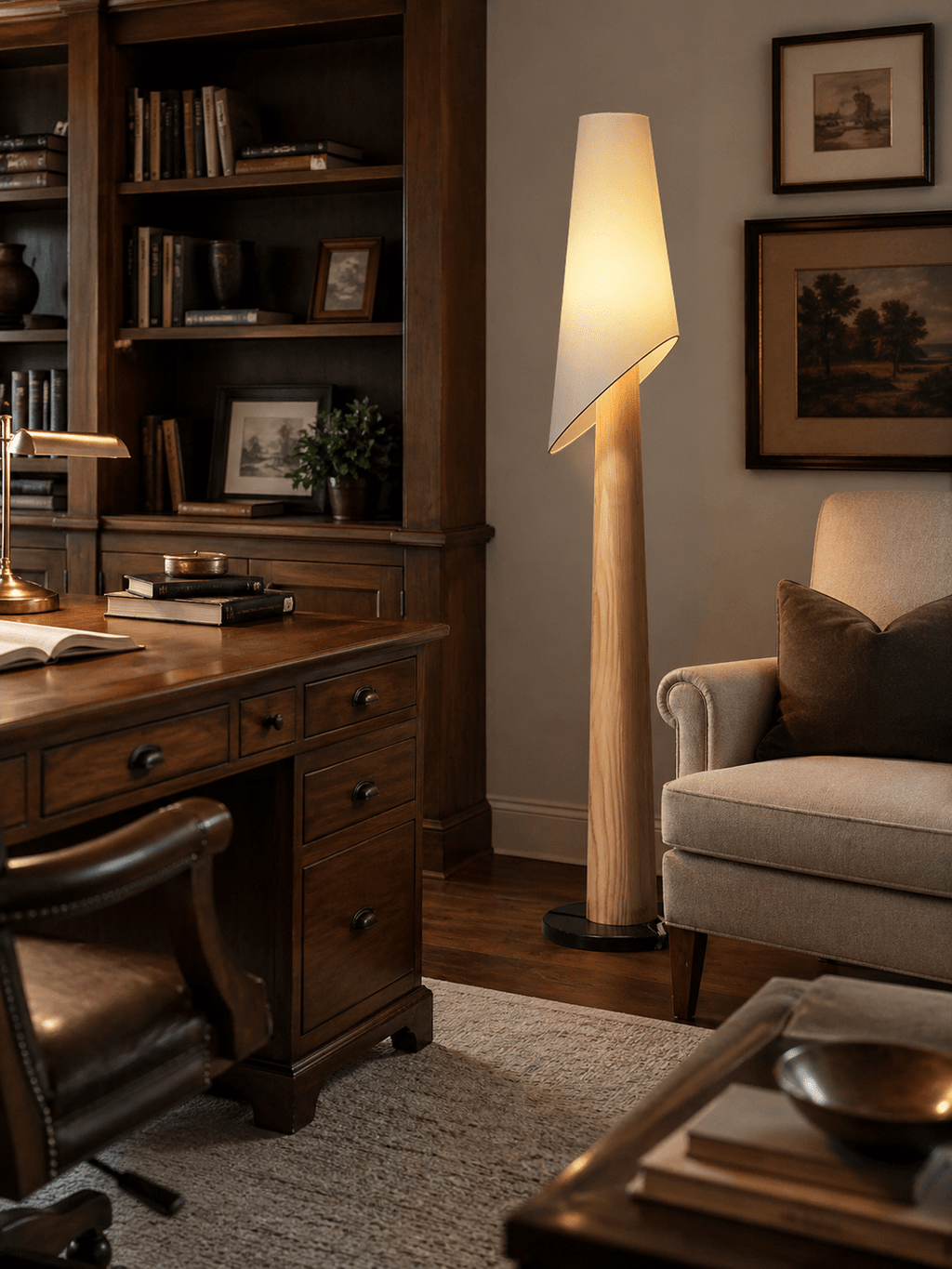This lit Clérachic floor lamp stands beside a dark wood desk with a reading lamp, near a leather office chair.