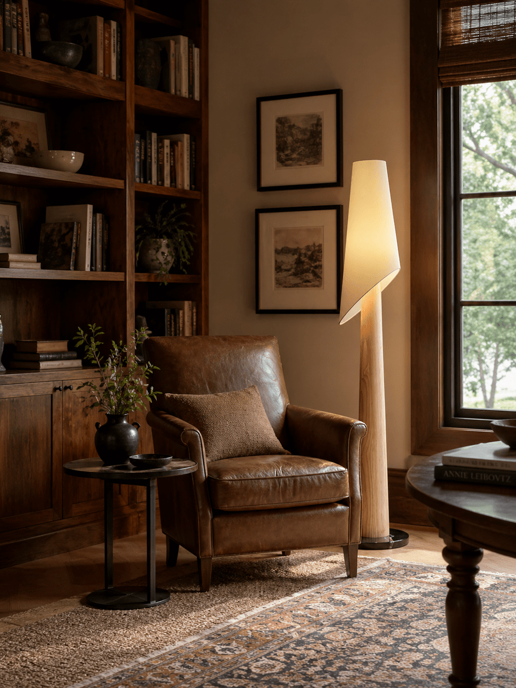 A Clérachic floor lamp glows beside a leather armchair and a glass-front cabinet in a warm living room.