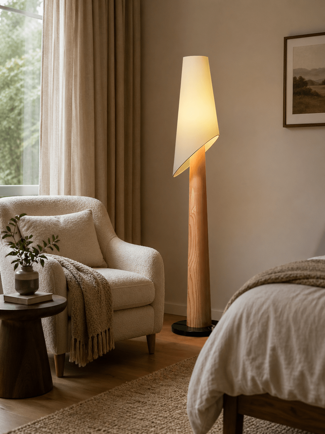 The Clérachic floor lamp glows beside a cream armchair and a made bed, with sheer curtains at the window.