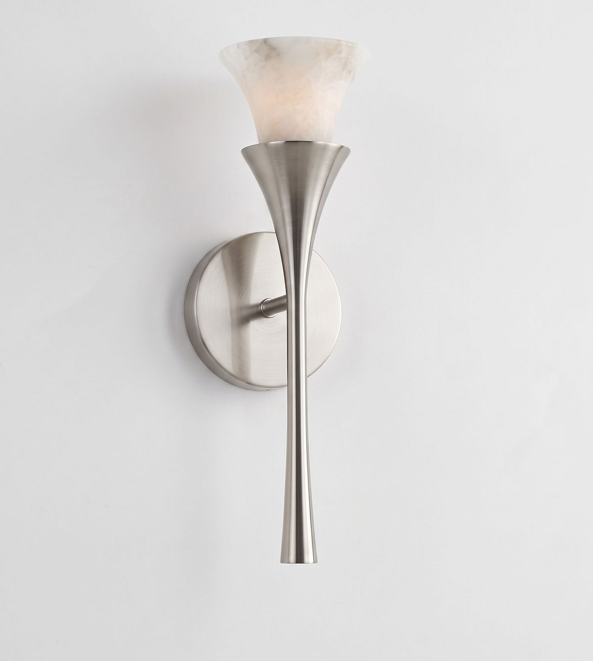 Product shot on a plain white background: this Clérachic sconce's alabaster shade flares from a brushed nickel trumpet stem.