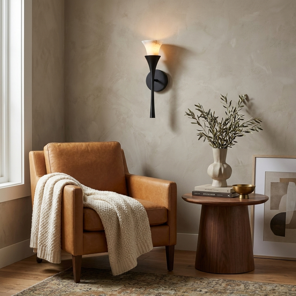 Above a tan leather armchair and round side table, this Clérachic sconce in matte black warms a living room corner.