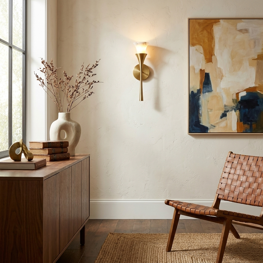 Beside a walnut credenza and framed abstract print, this Clérachic sconce in brushed brass lights a warm living room wall.