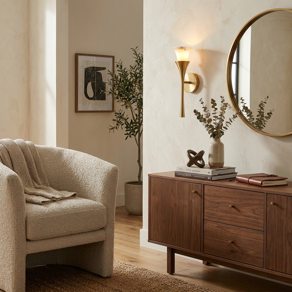Beside a round mirror and walnut credenza in an entryway, this Clérachic sconce in brushed brass lights an olive tree corner.