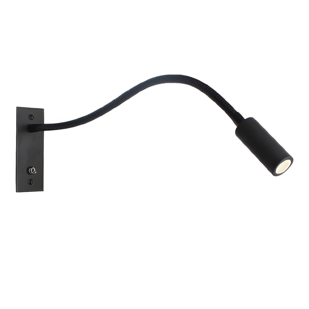 Gooseneck wall lamp with flexible arm mounted beside a reading nook