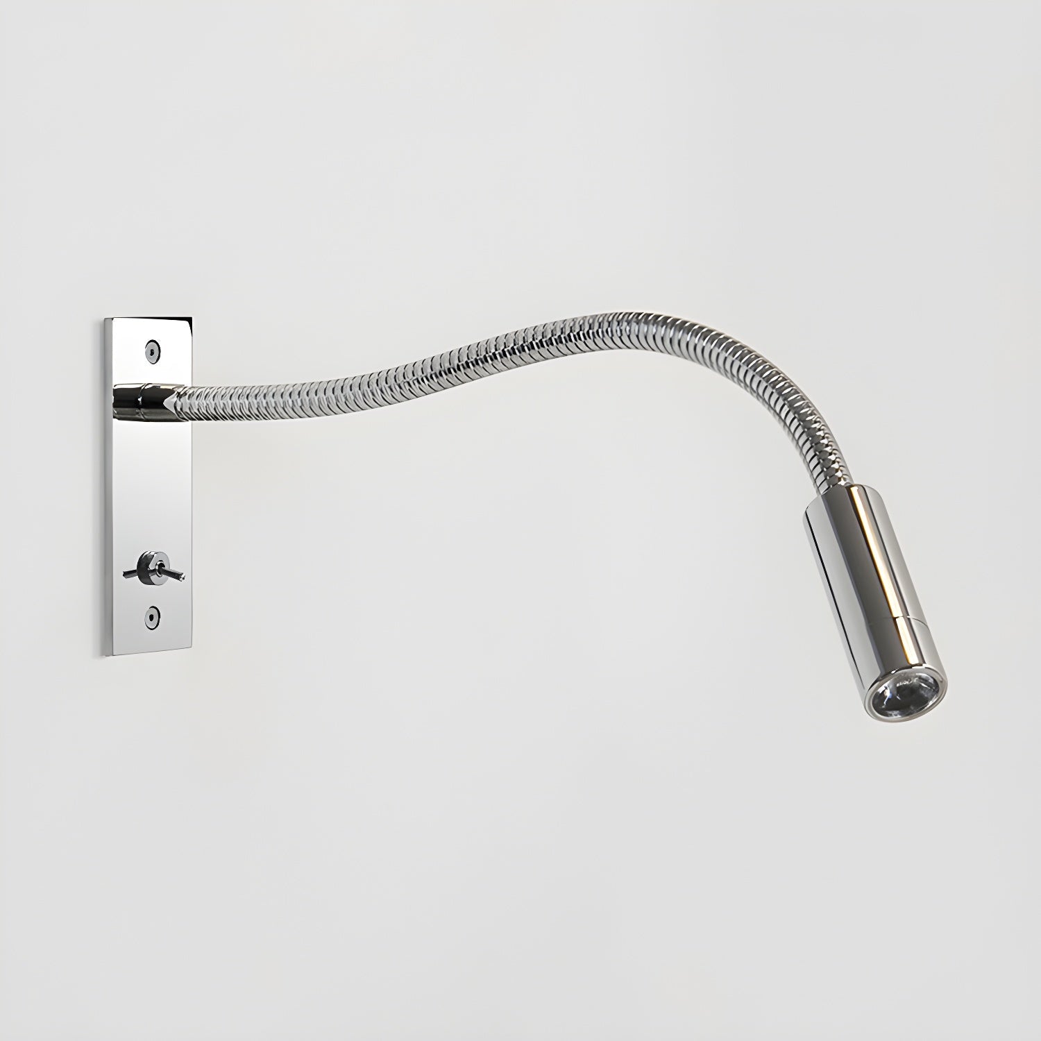 Close detail of the gooseneck wall lamp's adjustable bending arm