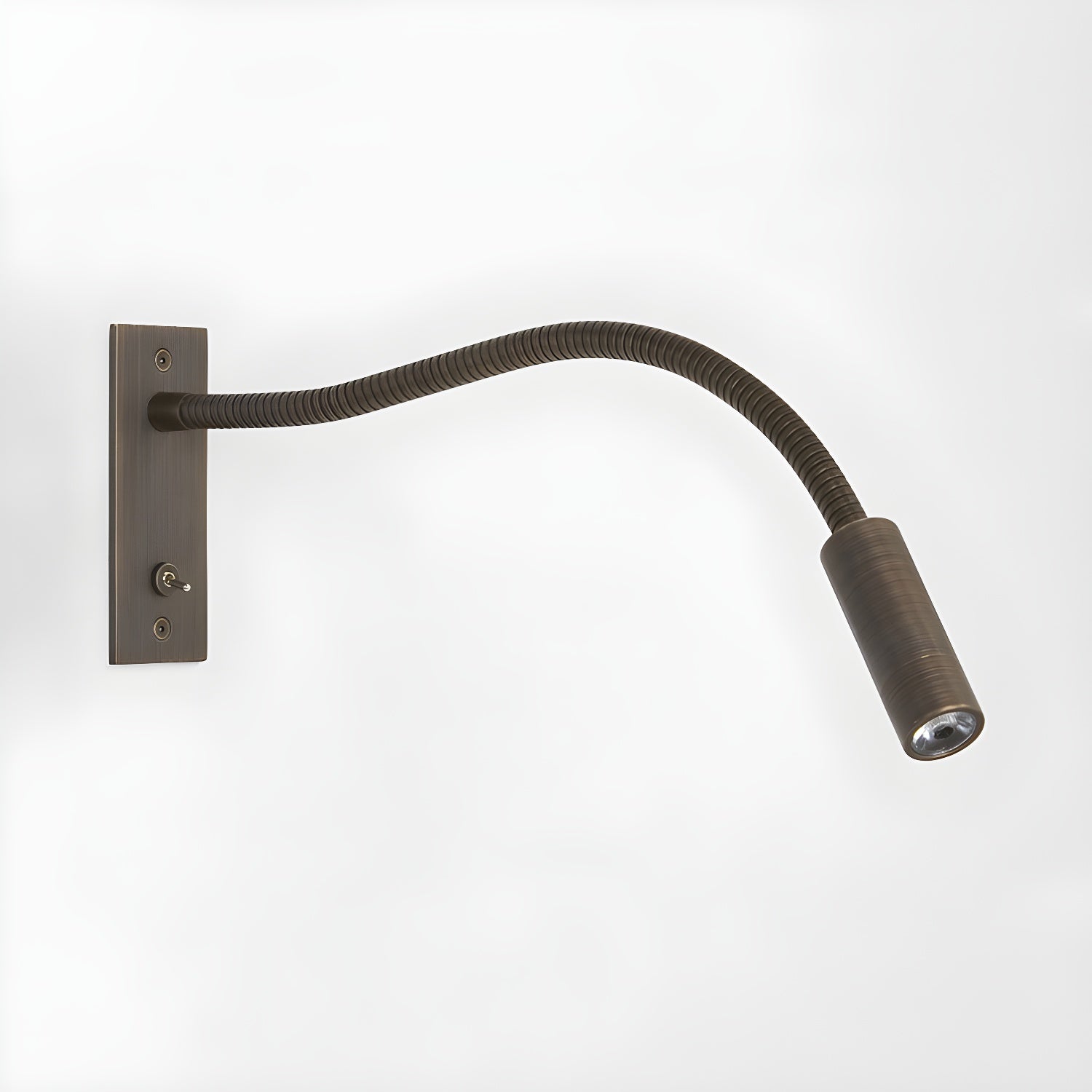Close detail of the gooseneck wall lamp's adjustable bending arm