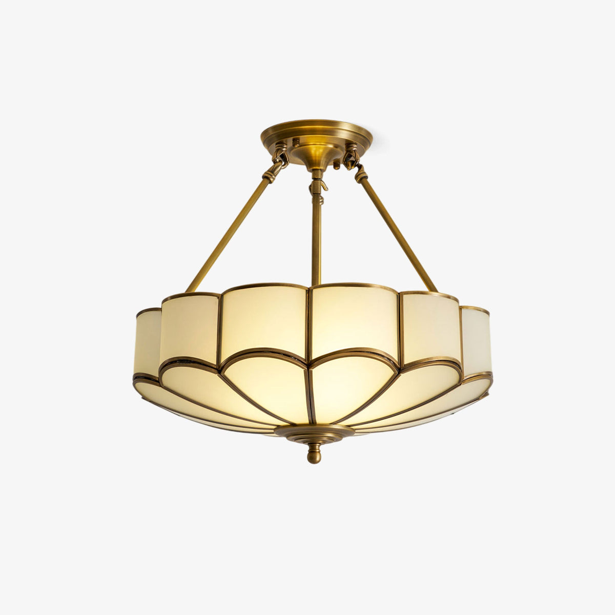 On a plain white backdrop, this Clérachic ceiling light shows its full brass frame cradling a dome of frosted-glass petals, lit warm.