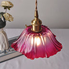 Glass Pendant Light, Red Petal Shade, Gold Metal Fitting, 12 Inch