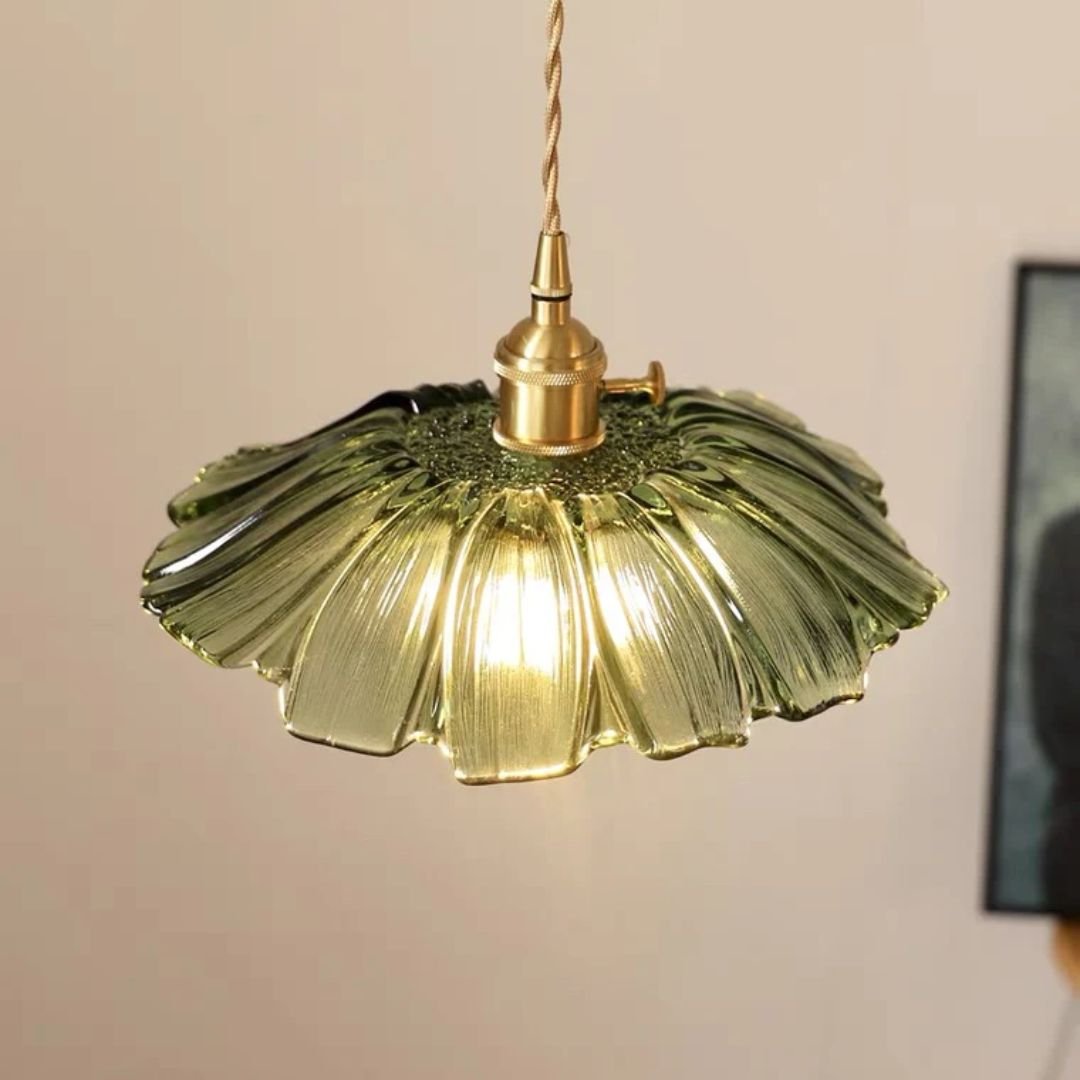 Glass Pendant Light, Red Petal Shade, Gold Metal Fitting, 12 Inch