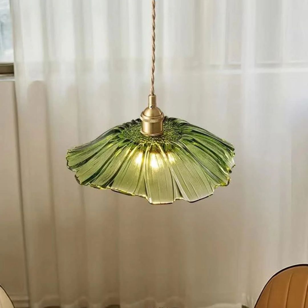 Glass Pendant Light, Red Petal Shade, Gold Metal Fitting, 12 Inch