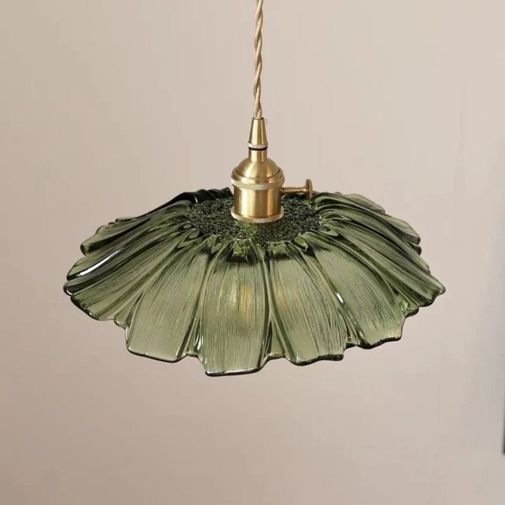 Glass Pendant Light, Red Petal Shade, Gold Metal Fitting, 12 Inch