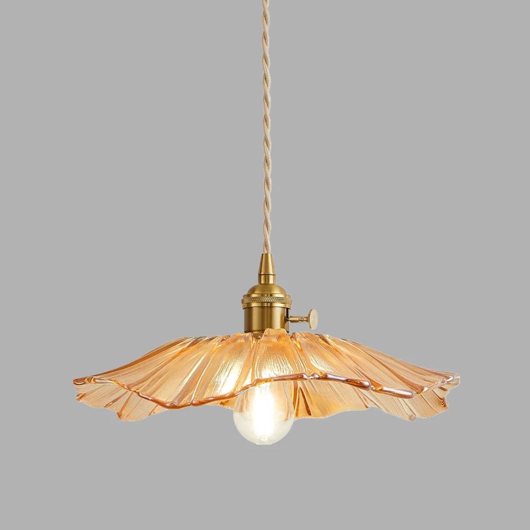 Glass Pendant Light, Red Petal Shade, Gold Metal Fitting, 12 Inch