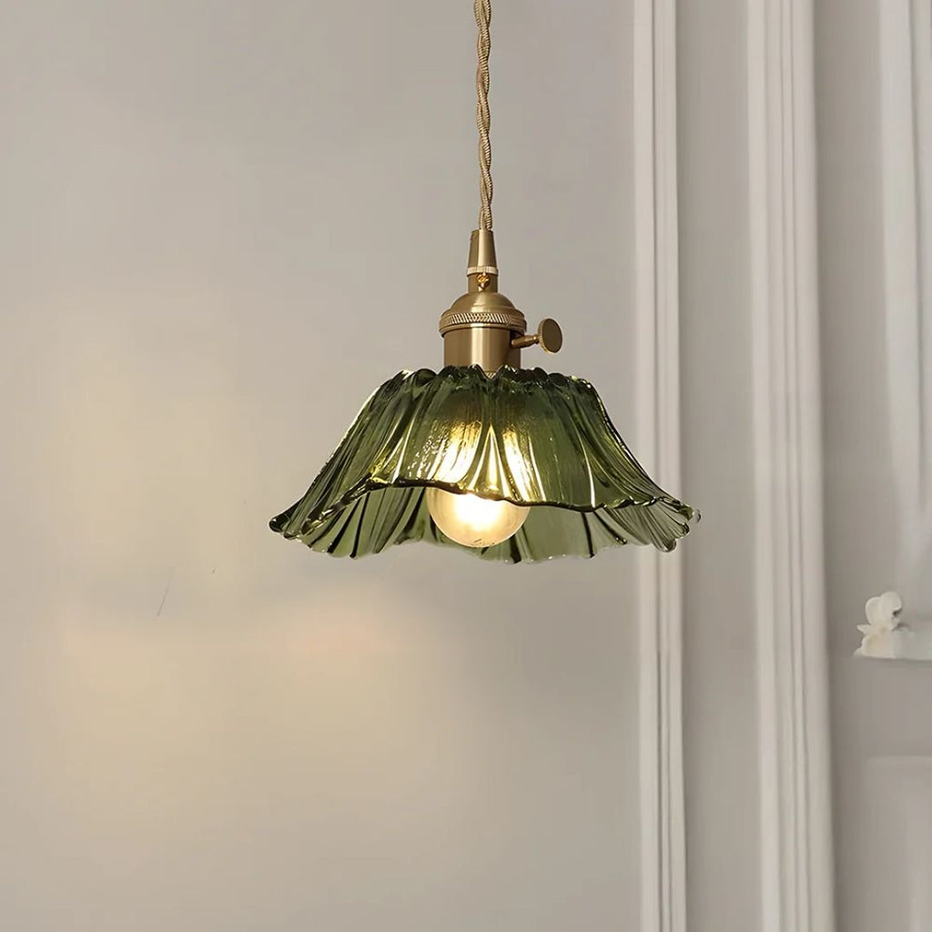 Glass Pendant Light, Red Petal Shade, Gold Metal Fitting, 12 Inch