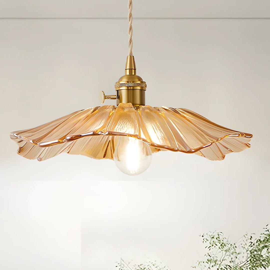 Glass Pendant Light, Red Petal Shade, Gold Metal Fitting, 12 Inch
