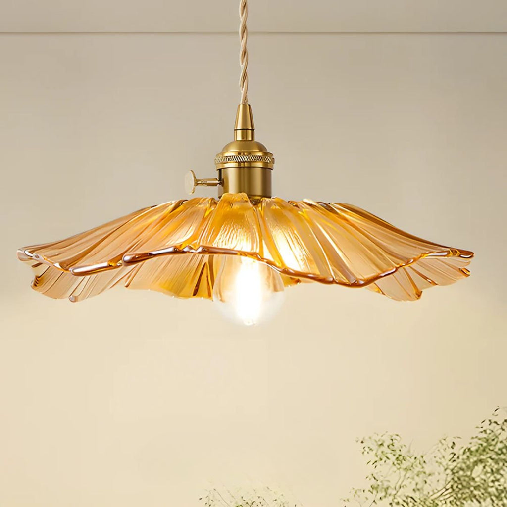 Glass Pendant Light, Red Petal Shade, Gold Metal Fitting, 12 Inch