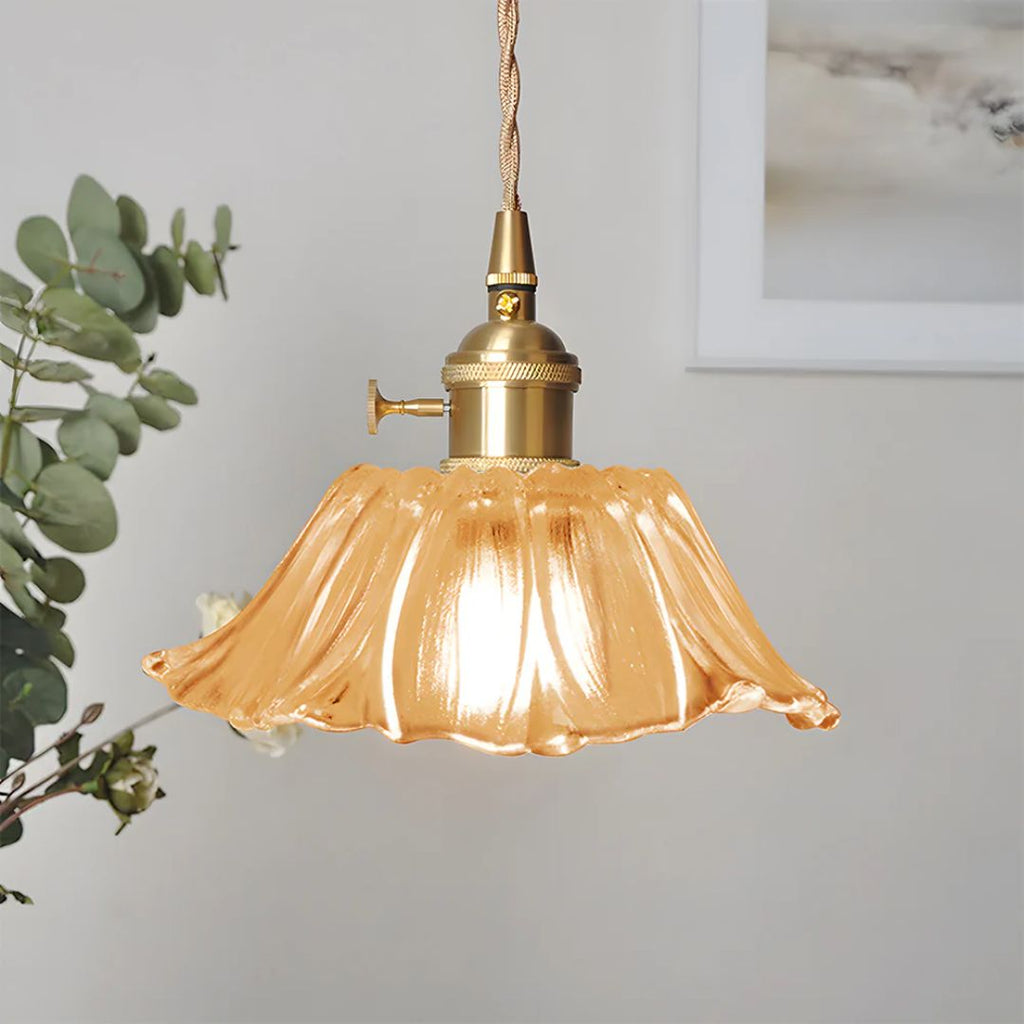 Glass Pendant Light, Red Petal Shade, Gold Metal Fitting, 12 Inch