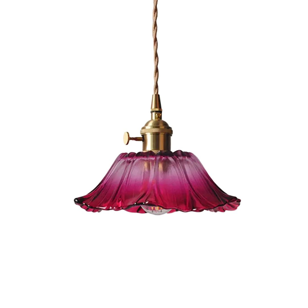 Glass Pendant Light, Red Petal Shade, Gold Metal Fitting, 12 Inch