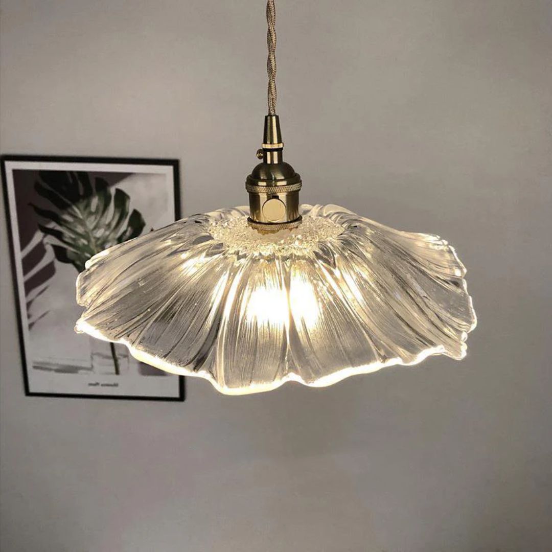 Glass Pendant Light, Red Petal Shade, Gold Metal Fitting, 12 Inch