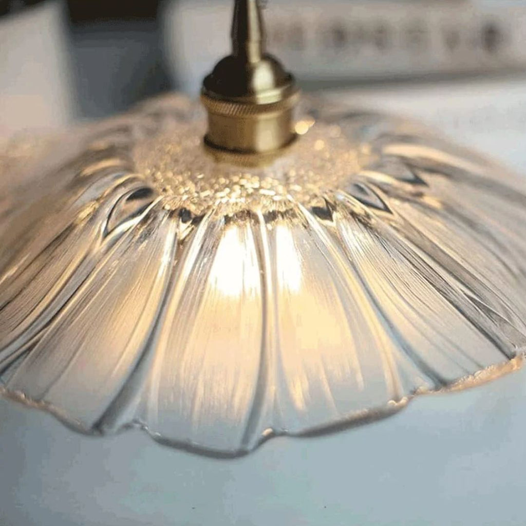 Glass Pendant Light, Red Petal Shade, Gold Metal Fitting, 12 Inch