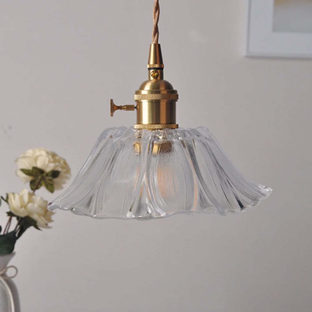 Glass Pendant Light, Red Petal Shade, Gold Metal Fitting, 12 Inch