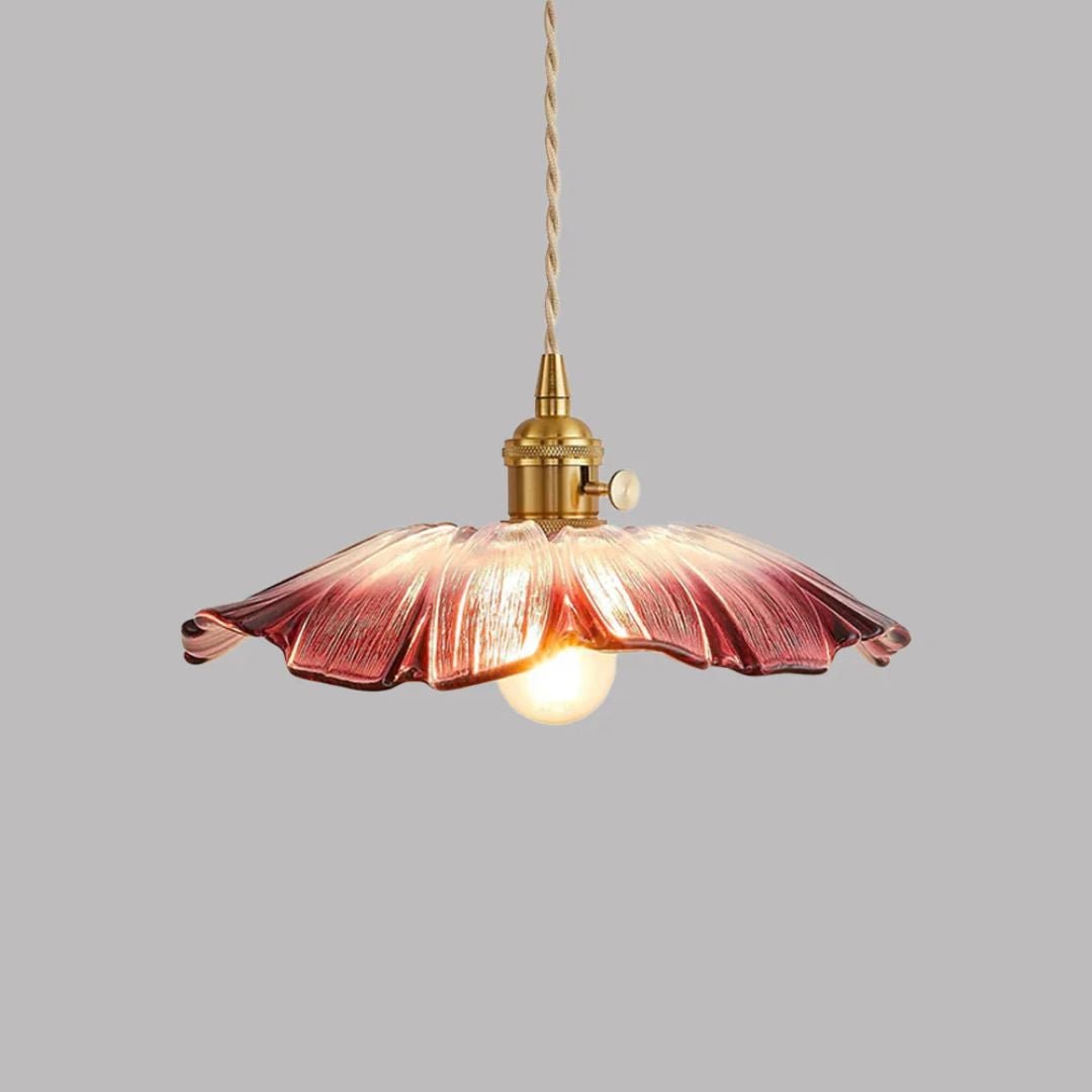 Glass Pendant Light, Red Petal Shade, Gold Metal Fitting, 12 Inch