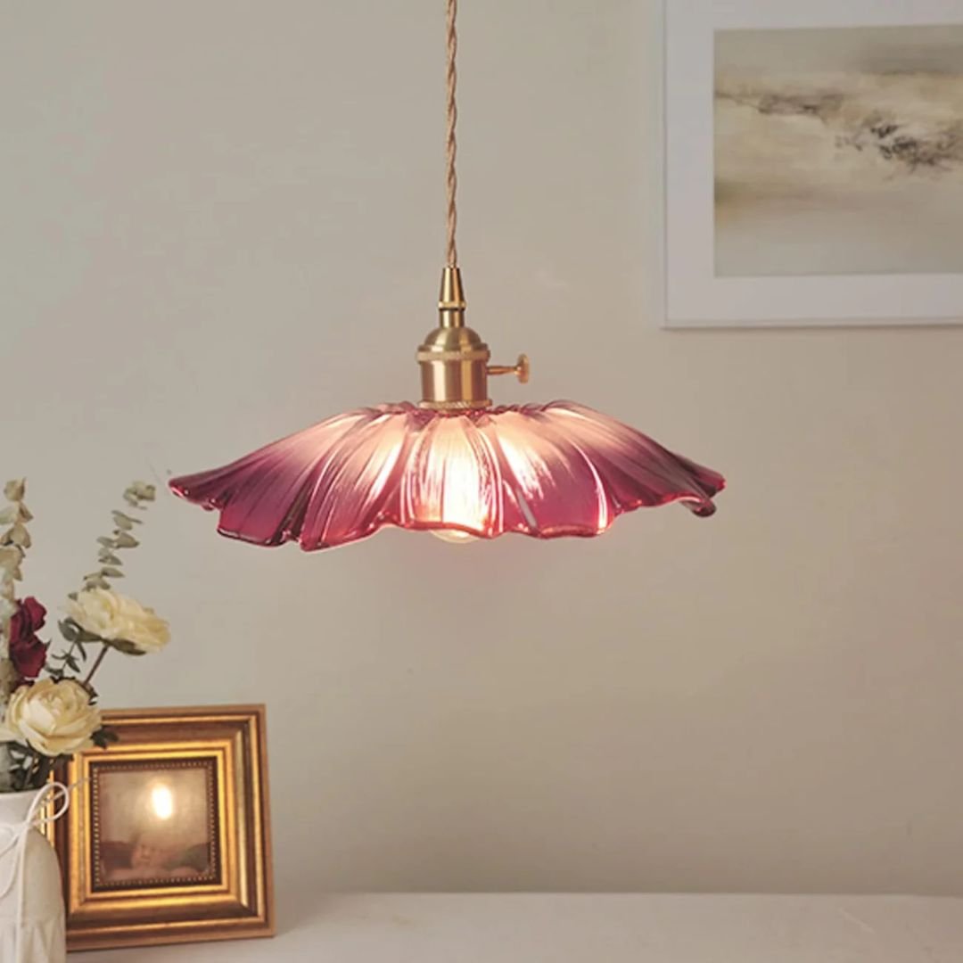 Glass Pendant Light, Red Petal Shade, Gold Metal Fitting, 12 Inch