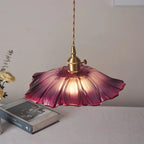 Glass Pendant Light, Red Petal Shade, Gold Metal Fitting, 12 Inch