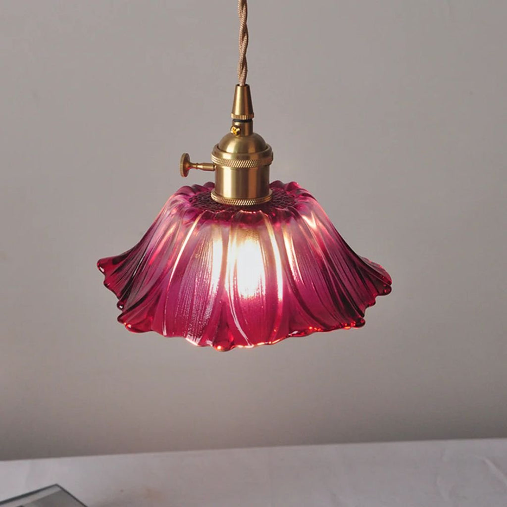 Glass Pendant Light, Red Petal Shade, Gold Metal Fitting, 12 Inch