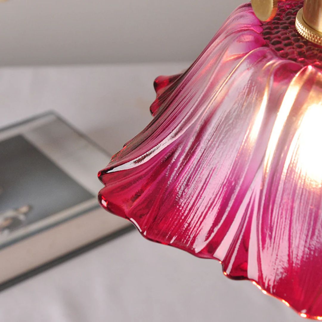 Glass Pendant Light, Red Petal Shade, Gold Metal Fitting, 12 Inch